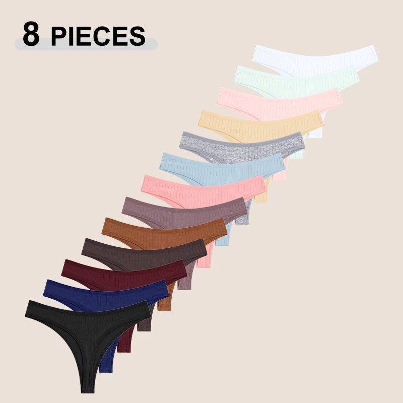 Women Panties 8Pcs/Set Cotton Seamless Thongs Women Sexy Low Rise Solid Color Breathable Pantys Female Comfortable Soft G-String Underpant