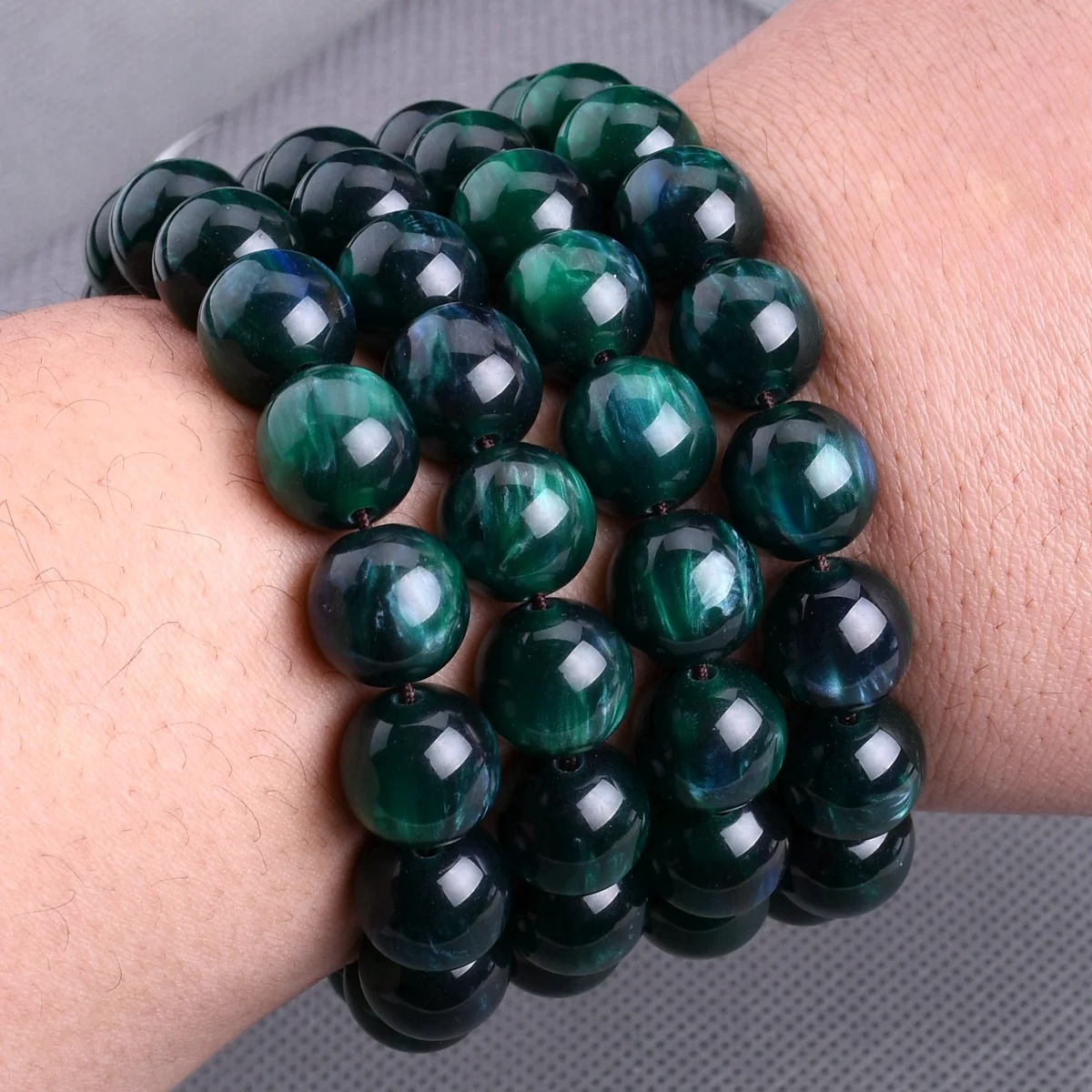 17pcs Round Glossy Black Green 12mm Resin Plastic Elastic Strand Bracelet Beads For Jewelry Making DIY Findings