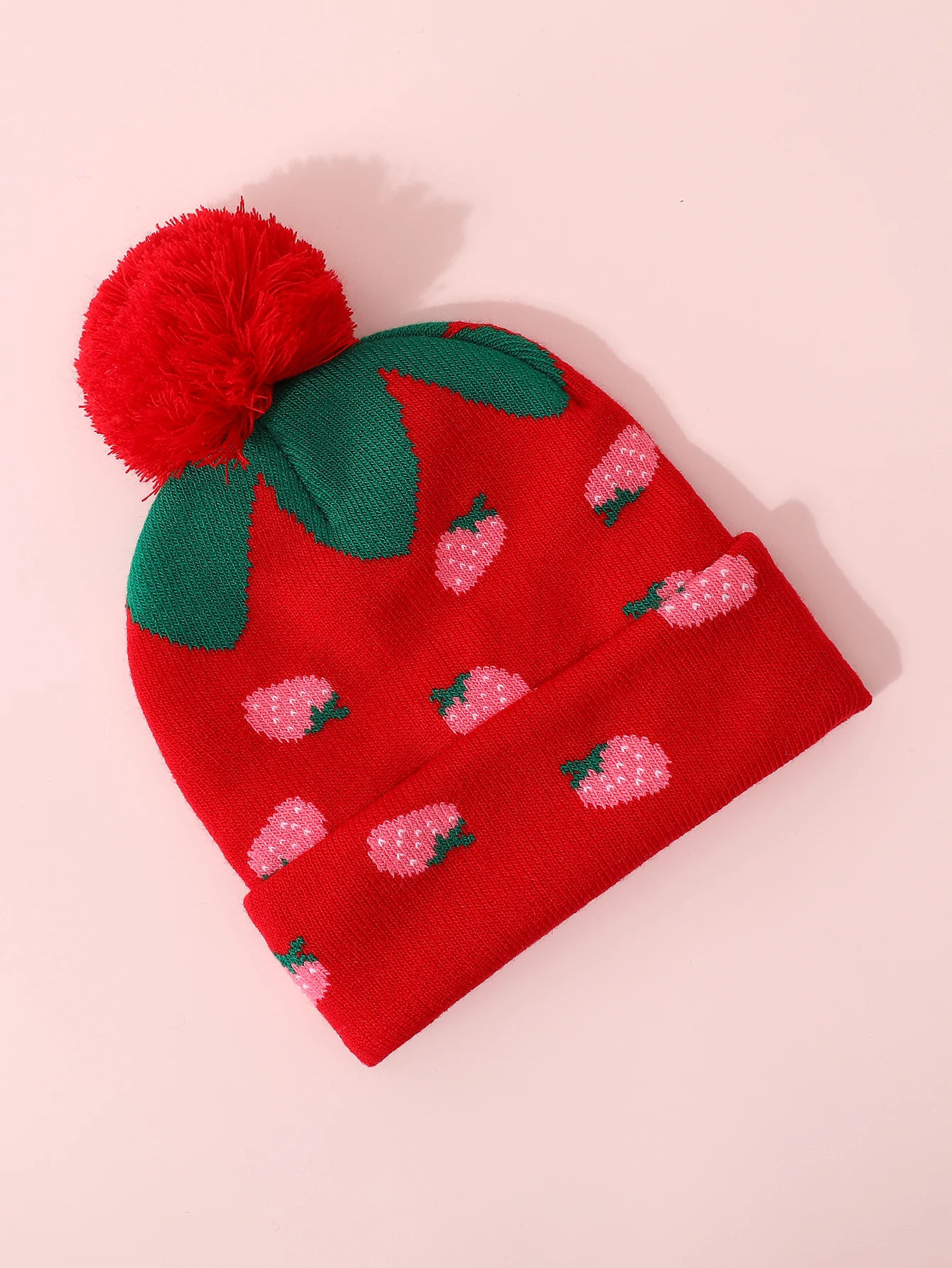Winter children's jacquard strawberry knitted hat cute fur ball girl's brimless casual hat outdoor warm bean cold