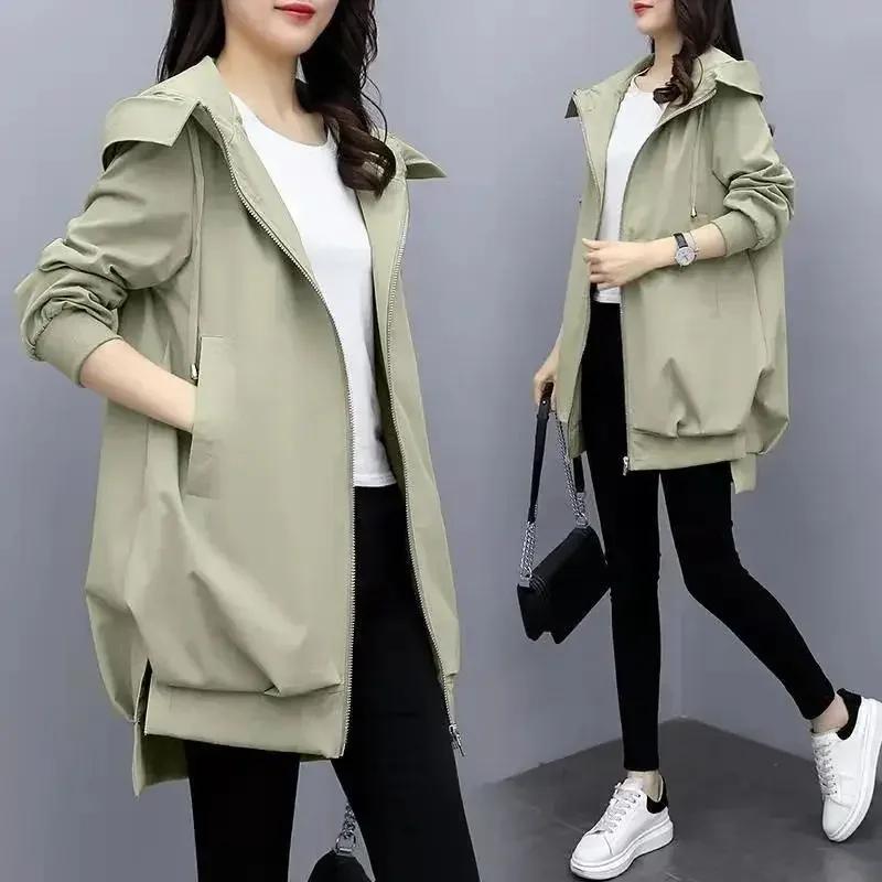 Spring and Autumn Women's Korean Style Hooded Coat Grace Loose Mid-length Trench Coat Plus Size Keep Warm Winter Jacket Deat imported high end women s real leather gloves thin keep warm diamond weave sheepskin gloves spring autumn el037nn