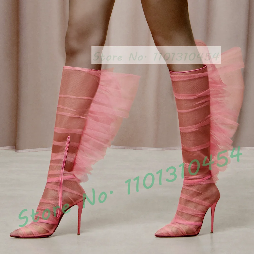 

Pink Tulle Knee High Boots Women Hot Trends Mesh Wings Pointy High Heels Shoes Sexy Ladies Stylish Casual Party See-through Boot