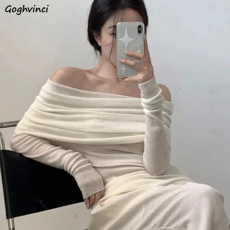 

Slash Neck Pullovers Women Long Sleeve Folds Design All-match Basic Korean Fashion Off-shoulder Sexy Girls Autumn Winter Inner