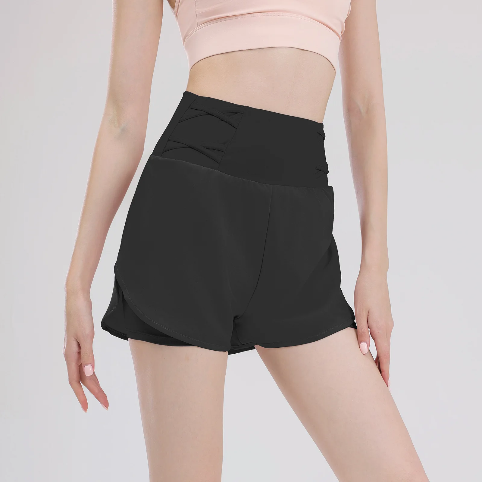 Sports Shorts Women Slim Quick Dry Running Fitness Fake Two Pieces Anti-Glare Breathable High Waist Yoga Pants Bottom Pants Gym