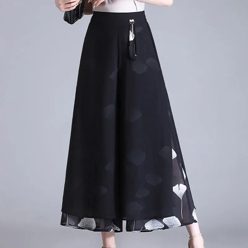 Female Clothing Wide Leg Casual Pants Stylish Patchwork High Waist Elastic Summer New Commute Floral Printed Basic Cropped Pants