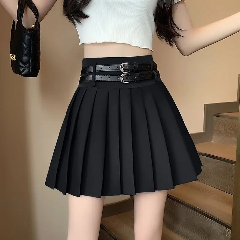 2023 Summer Fashion High Waist Double Belt Covering Belly Western Style Pure Desire Style Small Retro Pleated A-line Short Skirt winter 100% pure cashmere sweater men s button half high collar middle aged men s japanese retro thick warm sweater pullover