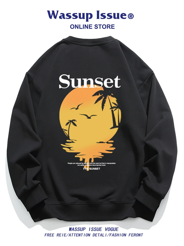 

WASSUP ISSUE Sunset Coconut Tree Sweater Men's Spring And Autumn Seasons Trendy Brand American Loose Round Neck Long Sleeved