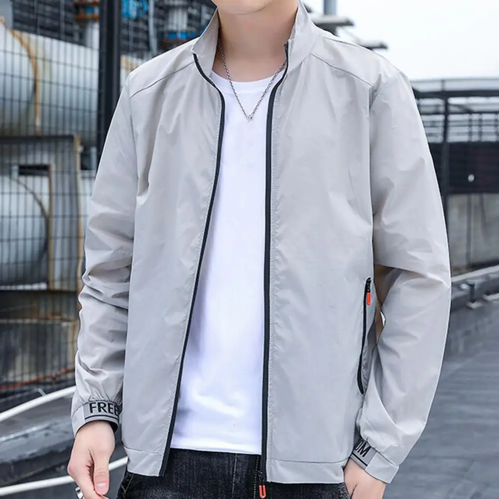 

HOT Men Sunscreen Coat Jacket Long Sleeve Pocket Zipper Stand-up Collar Elastic Cuff Casual Fishing Jacket Summer Sunscreen Coat