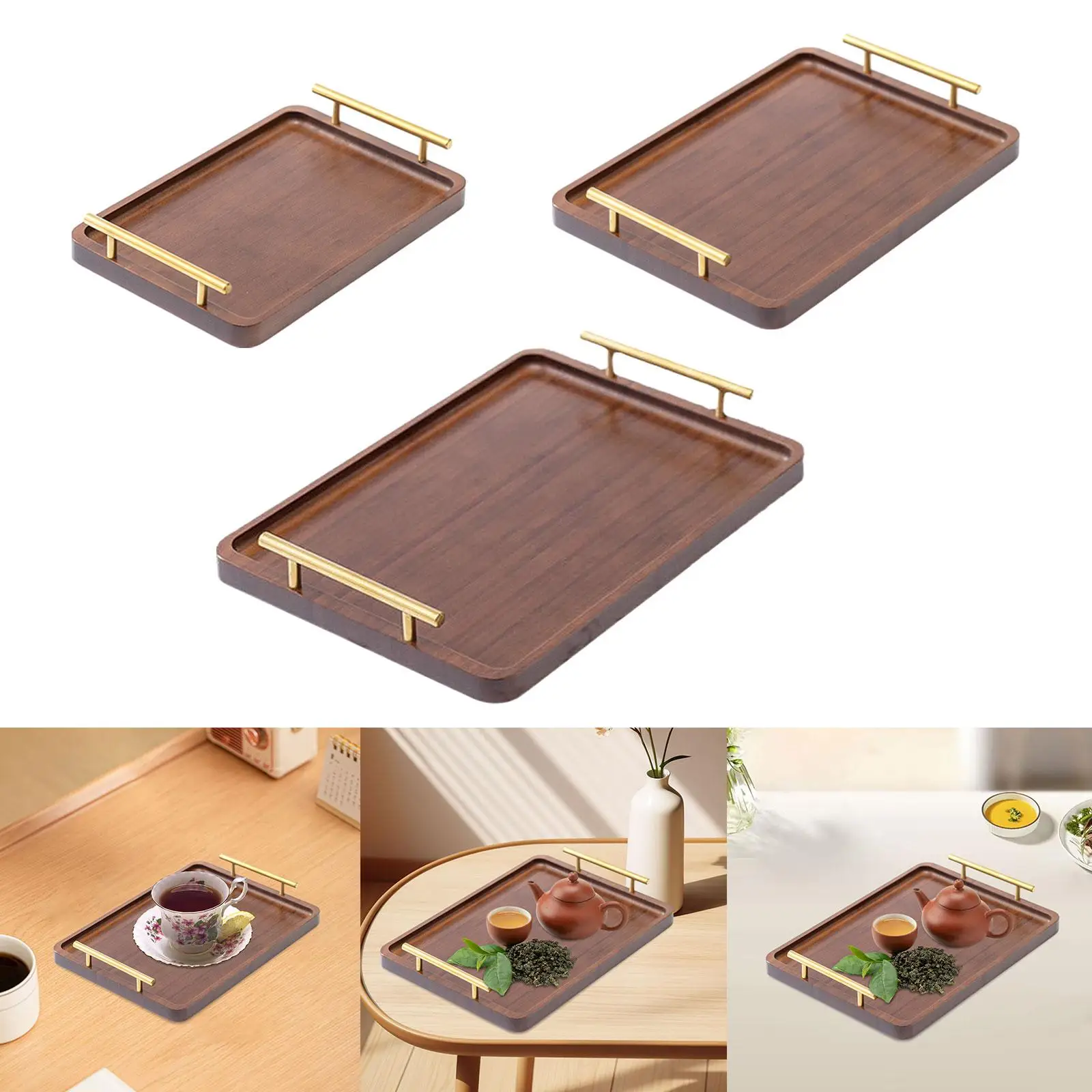 Wooden Serving Tray Snack Tray with Metal Handles Food Tray Plate Decorative Tray Coffee Table Tray for Table Decor Kitchen