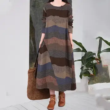 O-collo manica lunga Pullover donna vestito autunno inverno a righe contrasto colore allentato Maxi vestito abbigliamento quotidiano 1