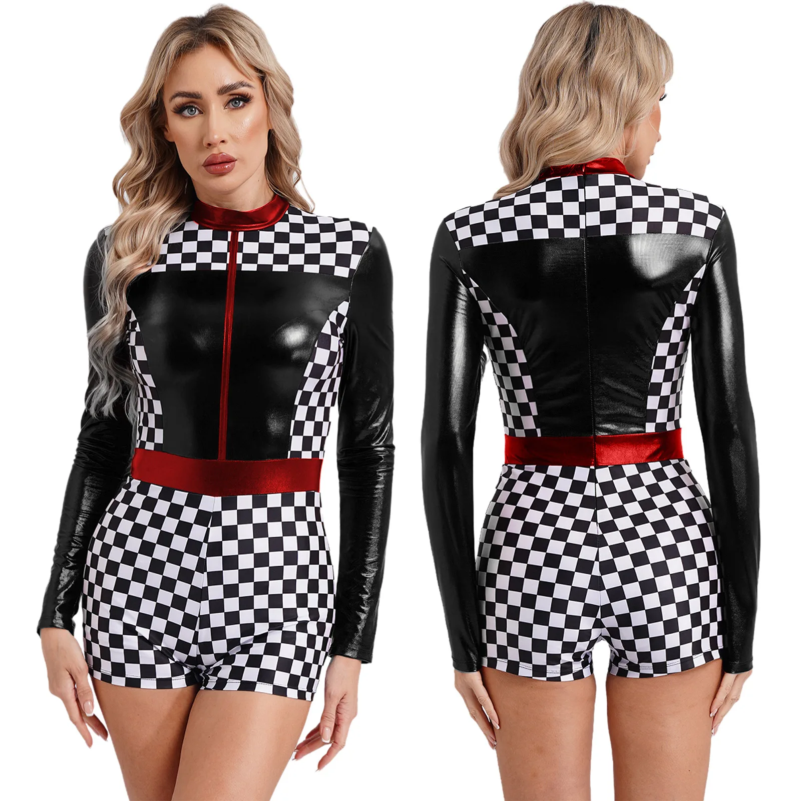 thumbnail image 1 of Mono de corredor para mujer, traje de Cosplay, traje de porristas, pantalones cortos con estampado de tablero de ajedrez, mono de conductor de coche de carreras, 1 of 5