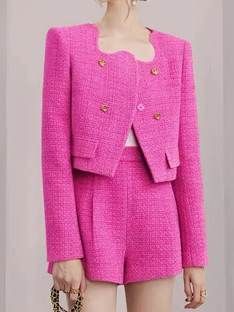 

High Street Fashion Rose Color Tweed Two Piece Set Women's Jacket Coats + Shorts Sets Chic 2 Pieces Sets Outfits Suits