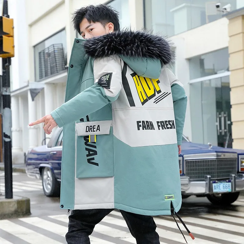 

Autumn And Winter Long Men's Windproof Jacket Men's Warm Down Cotton Hooded Color Matching Jacket Parkas Multi Pocket Jacket Men