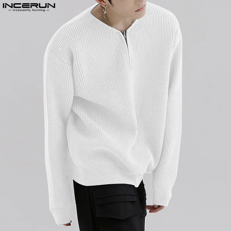 Korean Style Casual Simple Style Tops INCERUN Men Casual All-match Sweater Fashion Party Hot Sale Solid Semi-zip Pullovers S-5XL