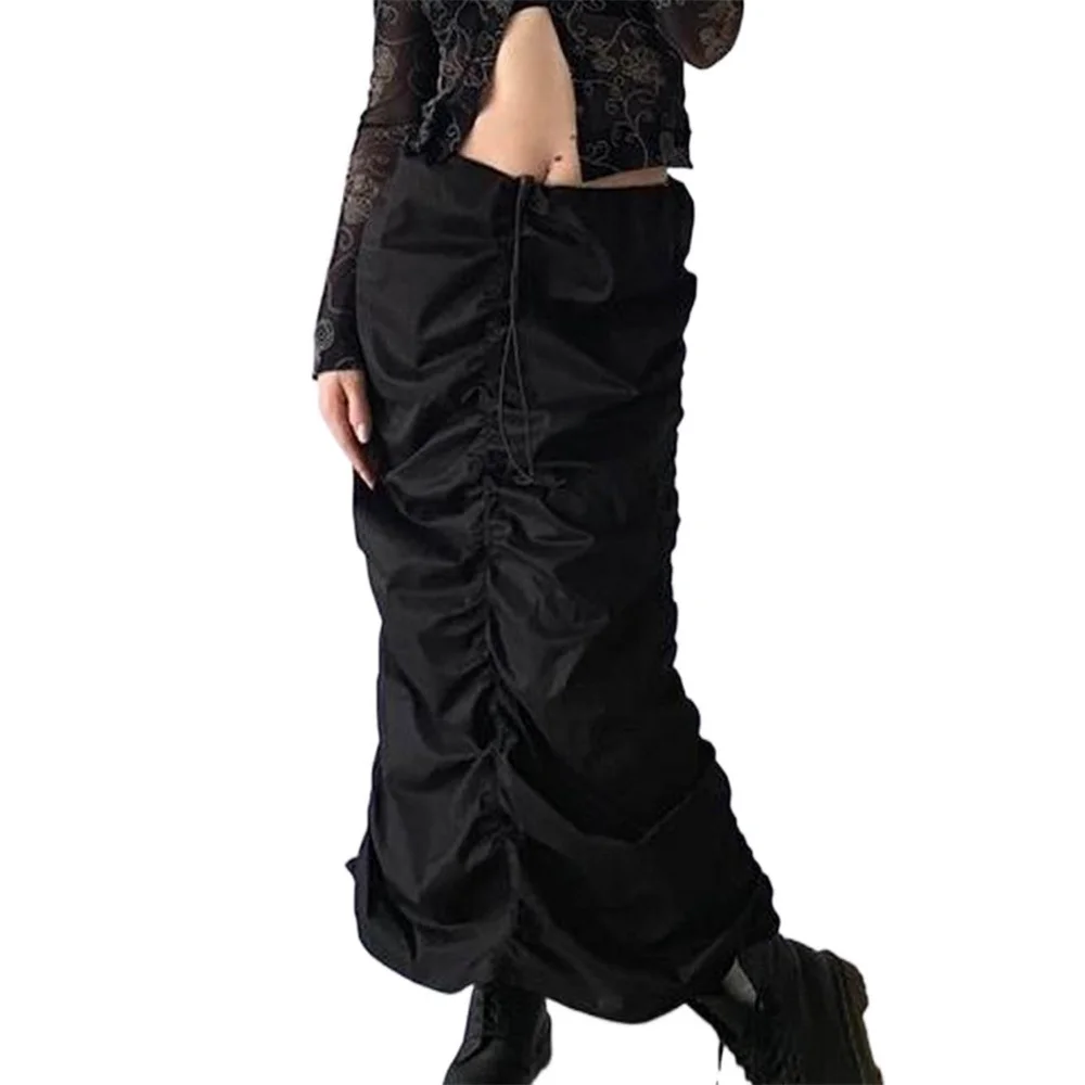 

Women Solid Color Skirt, Drawstring Pleated Adjustable Elastic High Waist Half Dress Casual Daily Clothes