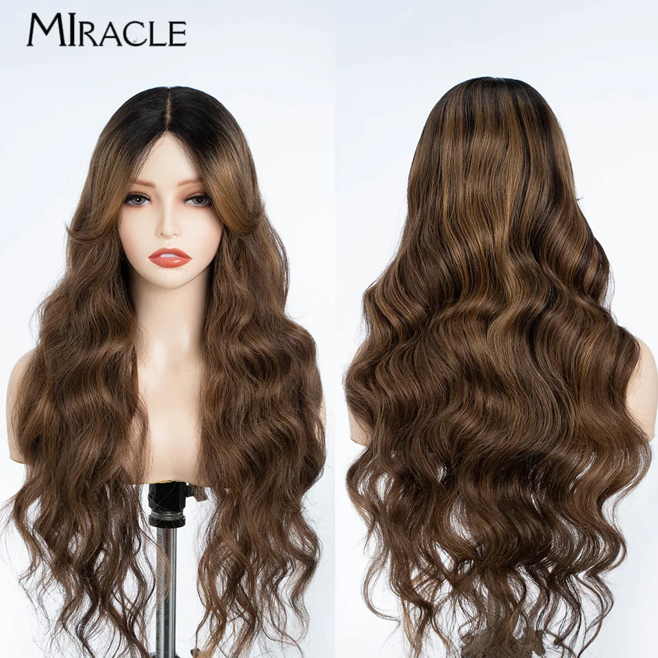 MIRACLE Body Wave Synthetic Lace Front Wig With Bangs 28 Inch Middle Part Lace Frontal Wig Ombre Brown Cosplay Wigs For Women