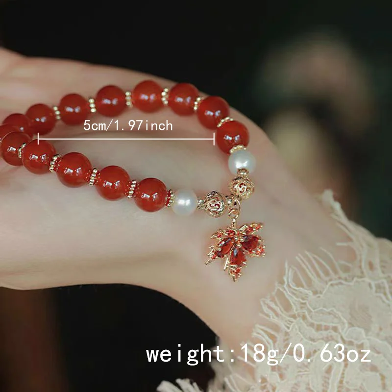 Retro Rotes Kristall Perlen Armband für Frauen Licht Luxus Strass Ahornblatt Anhänger Armband Student Freundschaft Schmuck Geschenk – Detail 2
