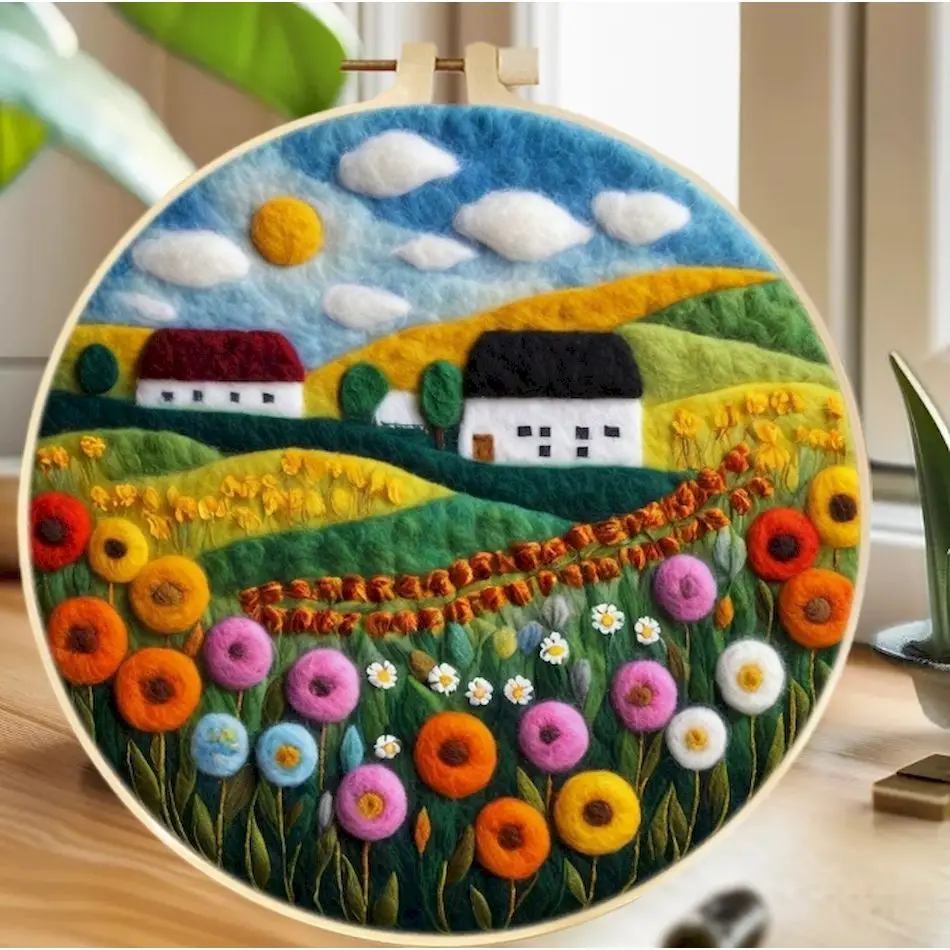 RUOPOTY House Landscape Wool Felting Starter Kit With Embroidery Hoop Diy Craft Set Include Tool Creative Home Decor Gift
