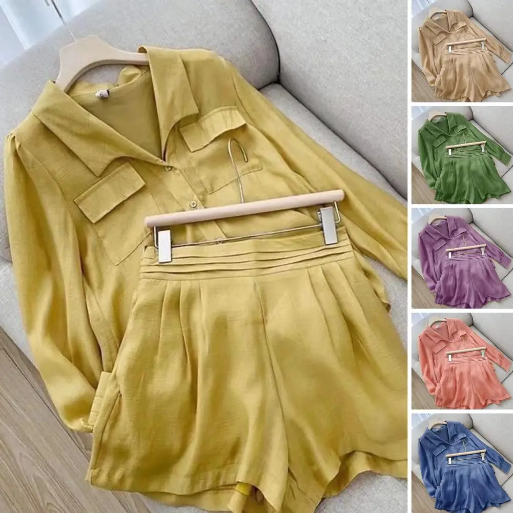 

Women Shirt Shorts Set Single-breasted Casual Two-piece Set Elastic Waist Lapel Patch Pockets Soft Lady Top Shorts Set