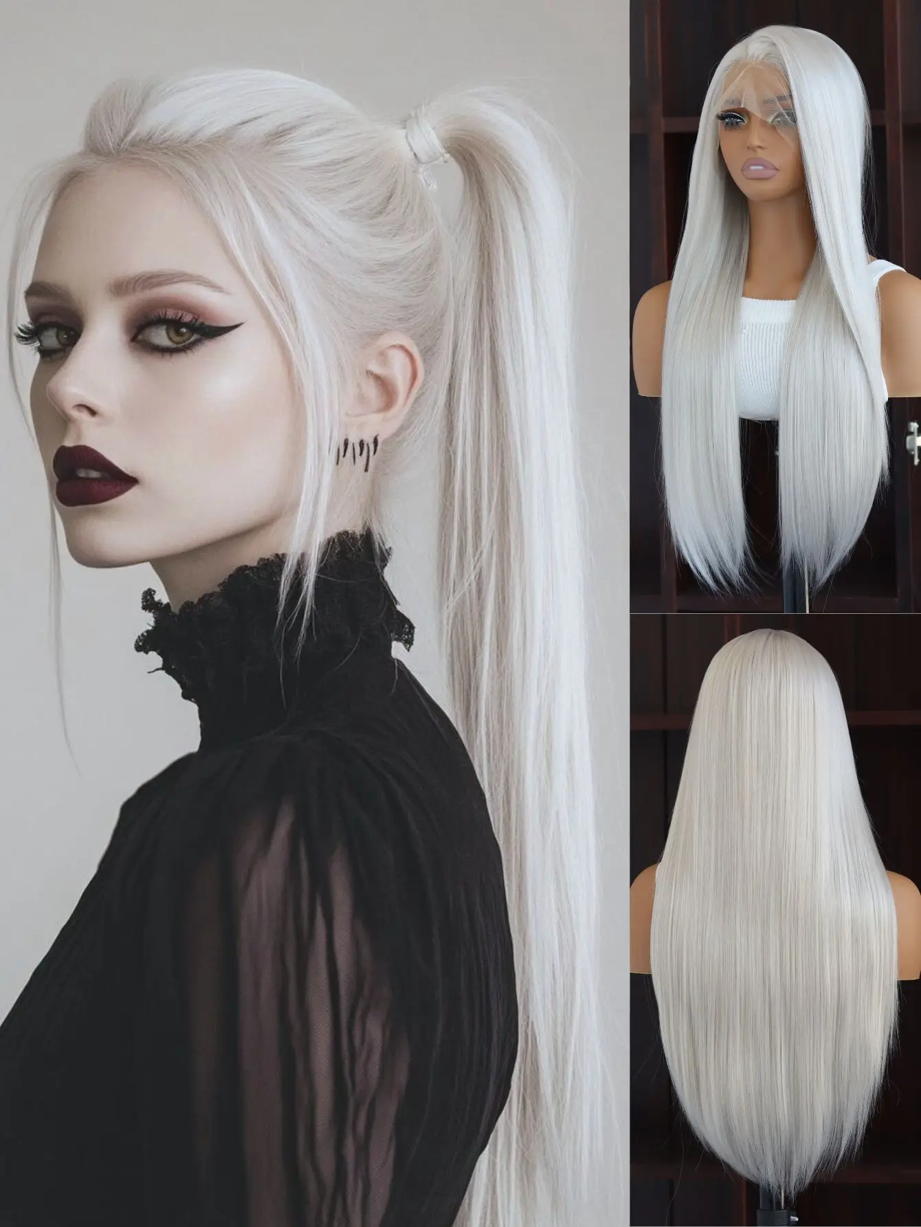 Silver Gray 13x4 Lace Front Synthetic Wigs | 24" Long Silky Straight Hair | Pre-Plucked Hairline | Heat Resistant | Daily/Party