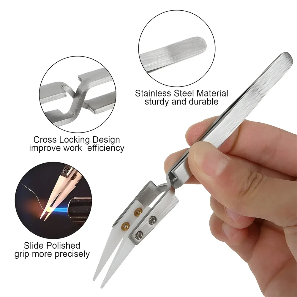 Ceramic Tweezers 1/3/5pcs For Solder Stainless Steel Anti-Static Reverse Acid Resistant Electron Precision Chuck