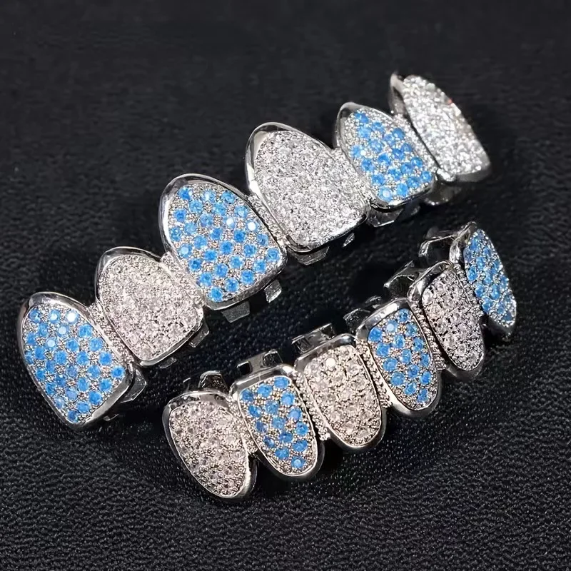 HipHop Bling Full Zircon Blue Teeth Grillz Caps For Unisex Cubic Zircon Micro Pave Top&Bottom Grills Set Party Hip Hop Jewelry