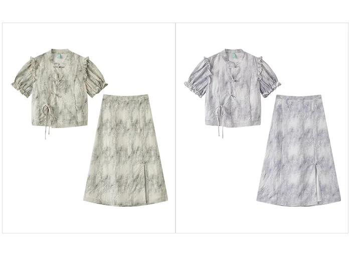 Traje de marca compartida para mujer, top corto ajustado, falda larga abierta, conjunto de ropa Guo Feng de verano de dos piezas