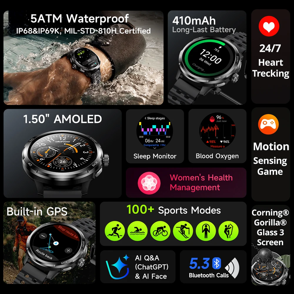 Ulefone Armor Watch Pro Smartwatch Display AMOLED da 1,5", GPS integrato, cardiofrequenzimetro, smartwatch sportivo per uomo e donna - immagine 2