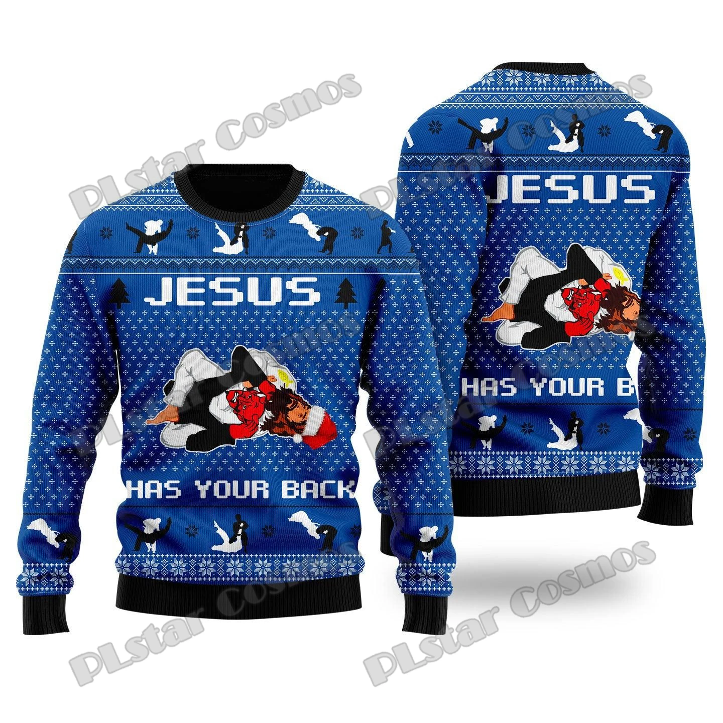 thumbnail image 1 of Suéter navideño feo con estampado 3D de Jiu Jitsu con Jesús te respalda para hombres y mujeres, suéter de punto cálido e informal para invierno MY20, 1 of 4