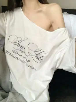 Oversize One shoulder Short sleeve T shirt Women Summer Off shoulder Top Casual Boyfriend Loose Tees Sexy Solid Color White