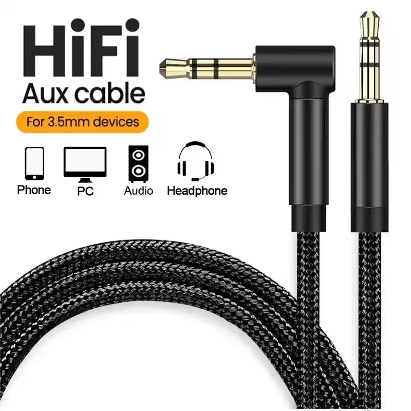Universal Braided 3.5mm Audio Cable - 90 Degree Elbow Male to Male Aux Wire