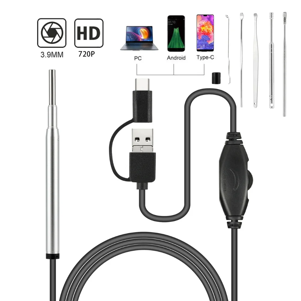 Otoscope USB Ear Camera New Upgraded 3.9mm HD Ear Scope Visual Ear Endoscope with Earwax Removal Tools and 6 LED Lights for Android Windows PC & Mac 