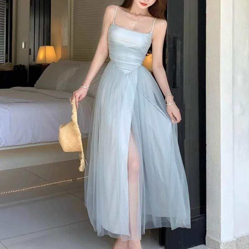 

Blue Mesh Dress Women Summer Holiday Diamonds Elegant Women Clothing Sleeveless Streetwear Bodycon Party