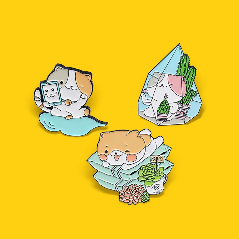 

Cute Happy Cat Enamel Pin Custom Potted plants Crystal Blue Cloud Kitten Animal Brooches Bag Lapel Badge Jewelry for Kids Friend