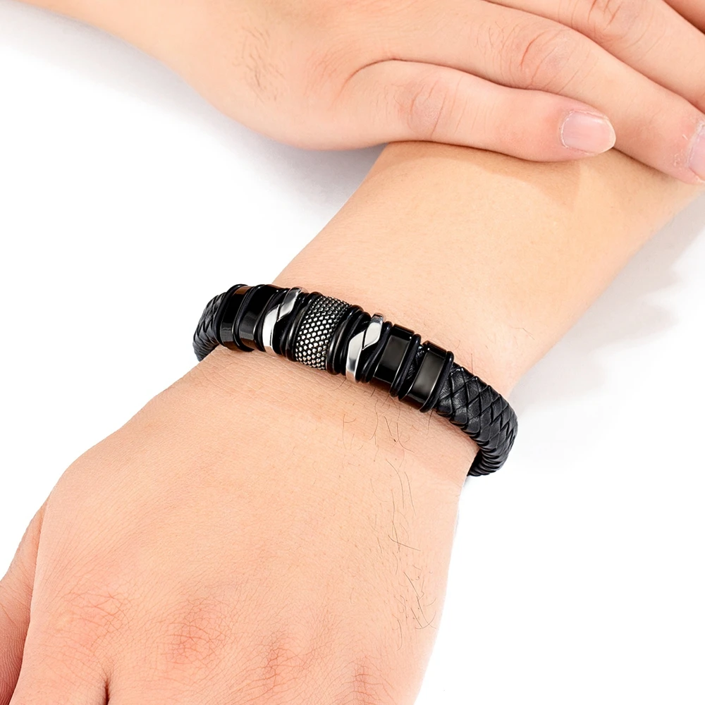 Leather Bracelet XQNI Braided Rope Wrap Leather Bracelet for Men Classic Style Stainless Steel Bangle Couple Charm Jewelry Gifts