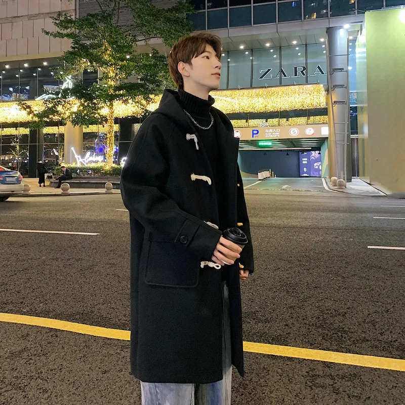 Duffle-coat Mi-long à Carreaux Pour Adolescent/femme - 50% Laine, 50% Coton, Capuche, Boutons Corne - Manteau Chaud Style Japonais Décontracté