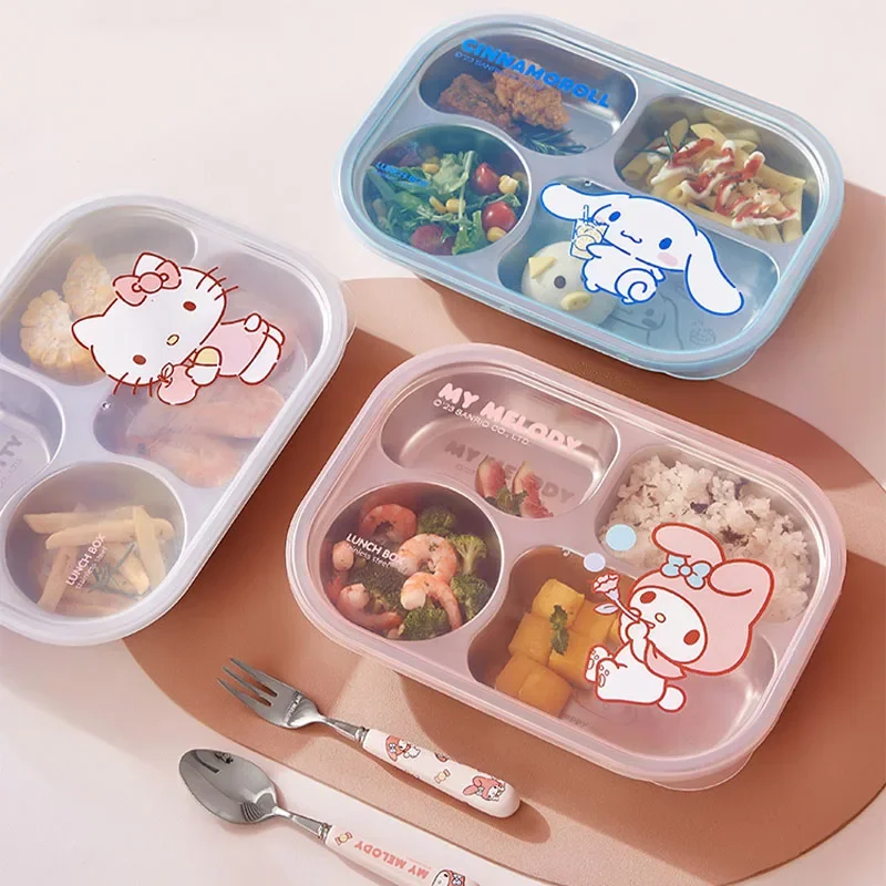 

Sanrio Kawaii Cinnamoroll Dining Plate My Melody Hello Kitty Sweet Anime Children Safety Stainless Steel Multi Grid Dining Plate