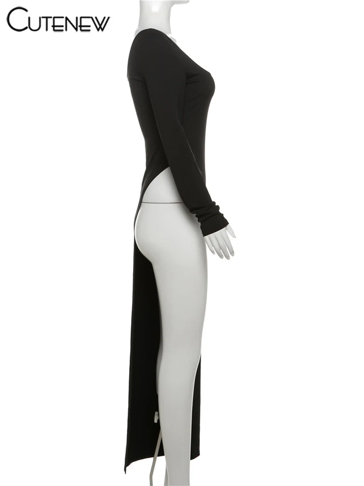 Solid Super Long Tops Women Casual Fashion Full Sleeve Square Neck Splited Skinny Tees Solid Concise Female Classic Wear