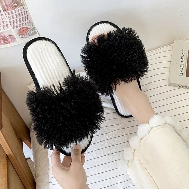 Autumn Winter Indoor Fluffy Fur Slippers Women 2025 Open Toe Non Slip House Slippers Woman Comfortable Soft Sole Plush Slides