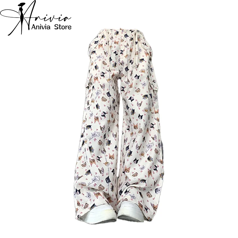 

Женские белые мешковатые брюки-карго с графическим принтом, винтажные свободные парашютные брюки Y2k в Корейском стиле, модель 2000s 2024