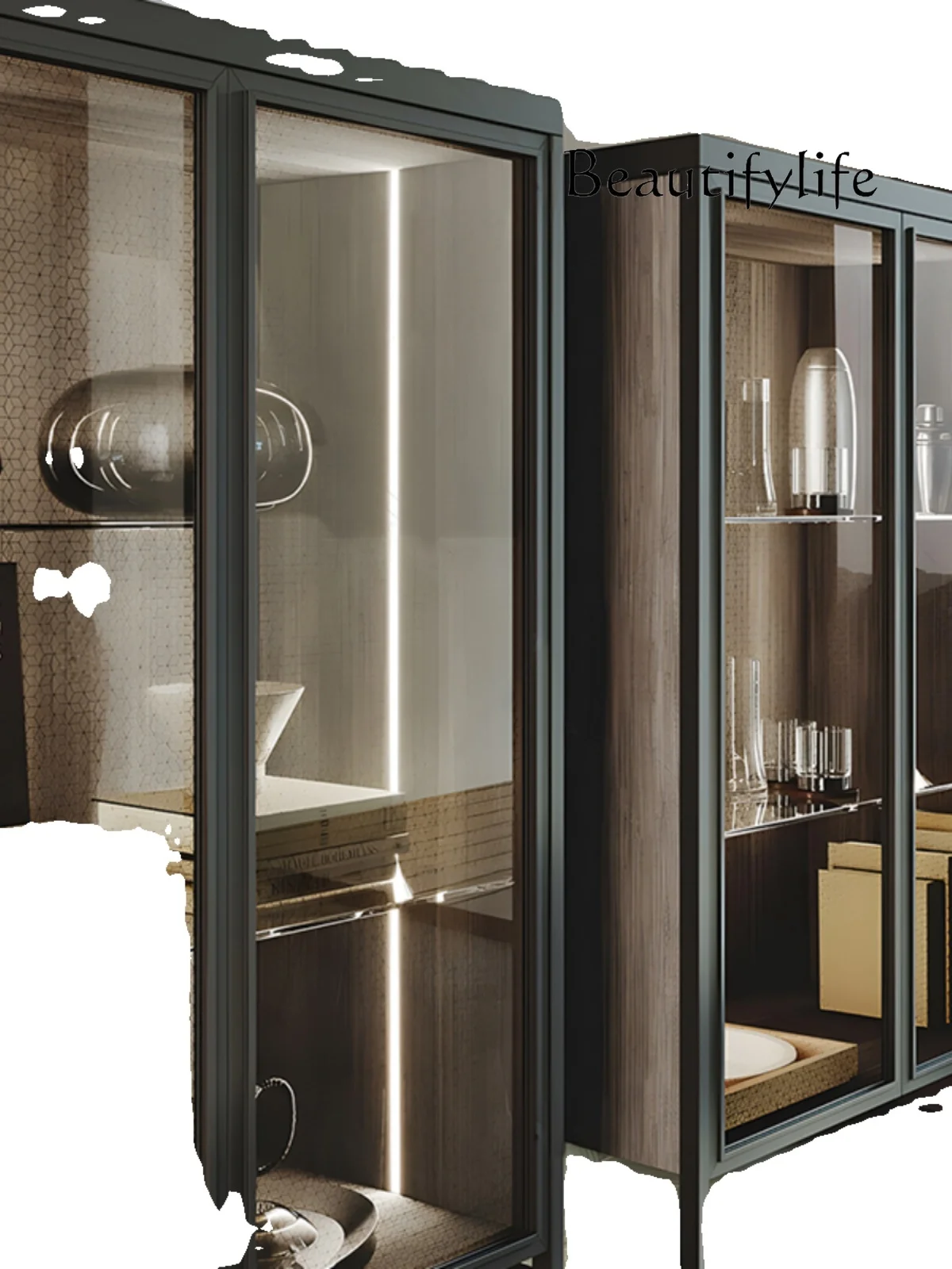 

Simple solid wood glass door wine cabinet against the wall, light luxury living room, large capacity storage display cabinet