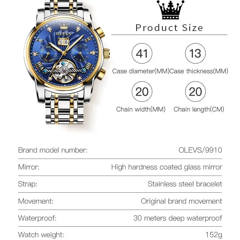 OLEVS 9910 Tourbillon Men Automatic Watch Original Waterproof Luminous Calendar Watch Skeleton Brand Luxury Men Mechanical Watch 6