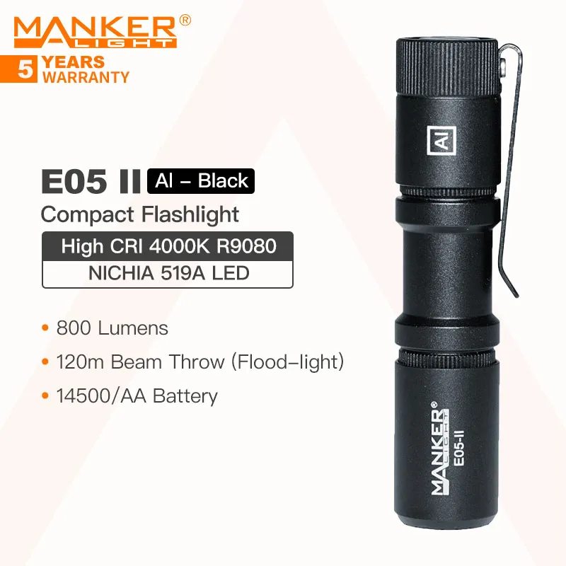 

Manker E05 II (Al-balck, High CRI Version, 4000K R9080) Compact EDC Flashlight, NICHIA 519A LED 1300 Lumens, 14500 or AA Battery