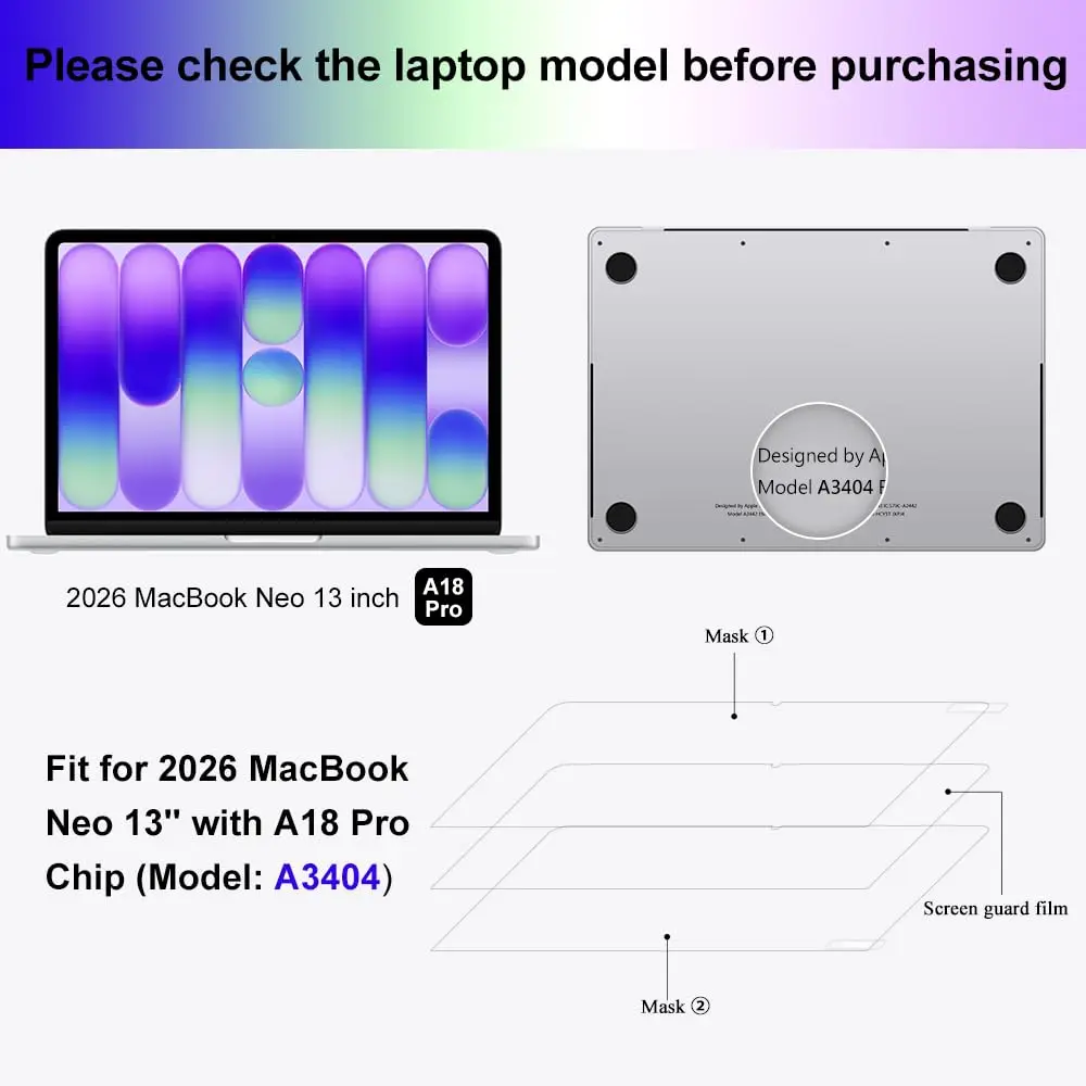 맥북 네오 13인치 2026 A18Pro A3404용 HD 투명 안티 블루라이트 스크린 보호필름 2팩 (고투명 보호필름)