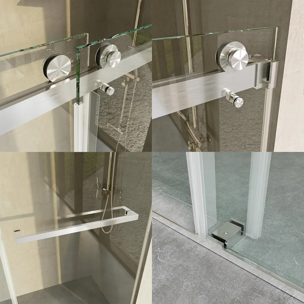 Frameless Shower Door, 50"-54" Wide, 76" high, 3/8" (10mm) Clear Tempered Glass with Towel bar, Double Sliding Door 2