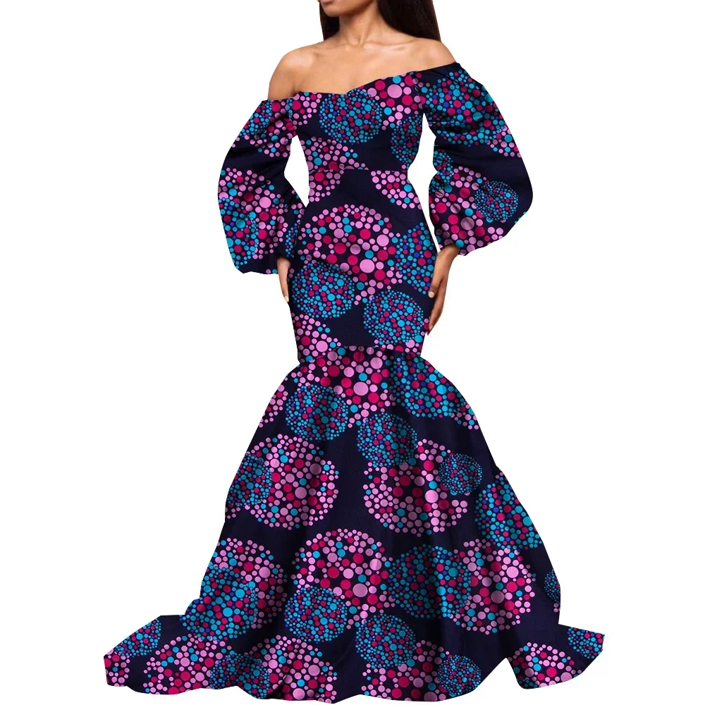 Dashiki African Dresses for Women Daily Party Wedding African Women Dresses Floor-Length Long Puff Sleeve Bandeau Dress Kg1092