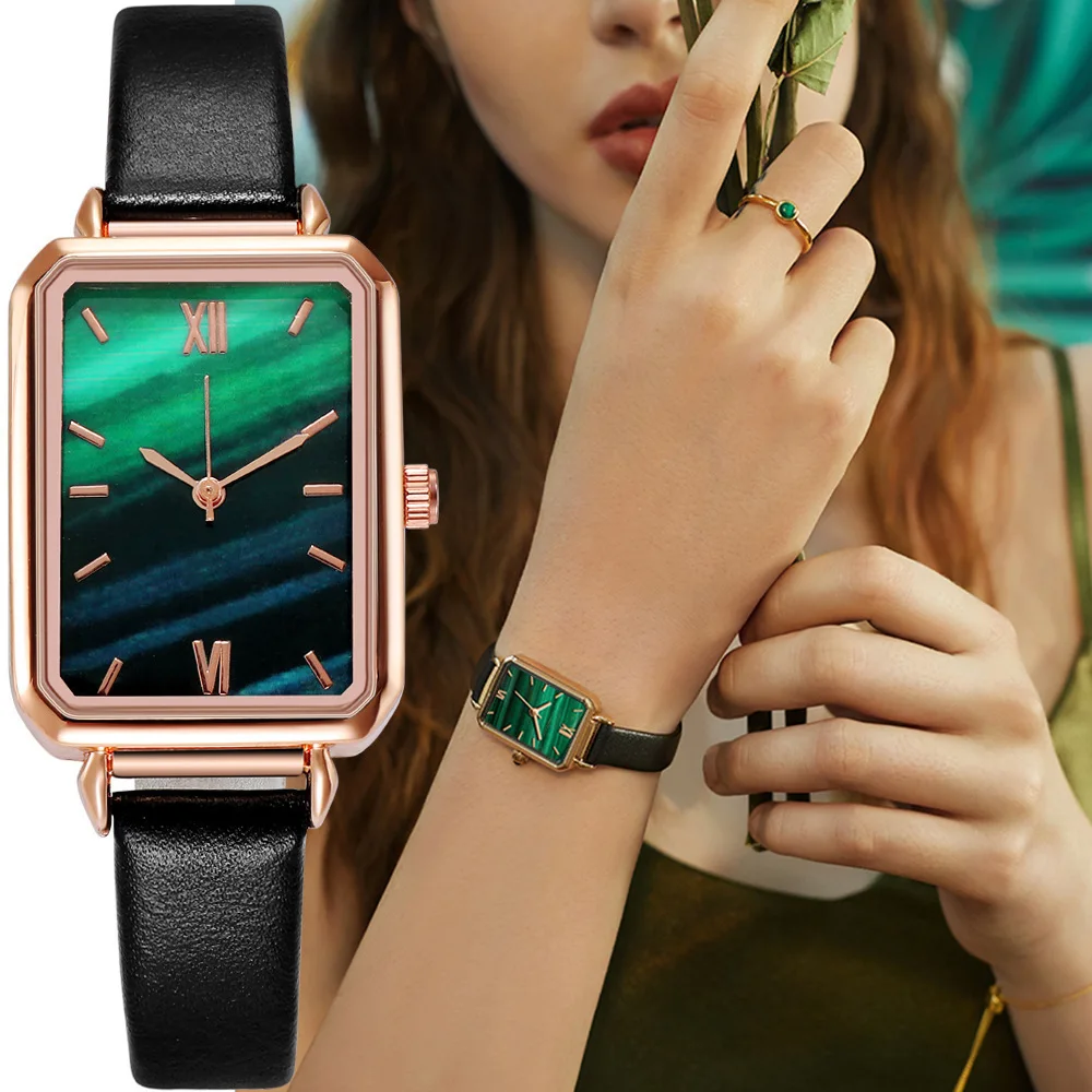 

Fashion Square Retro Temperament Women's Quartz Watch Leather Strap Female Hand Clock Luxury Trend Green Wristwatch Wholesale