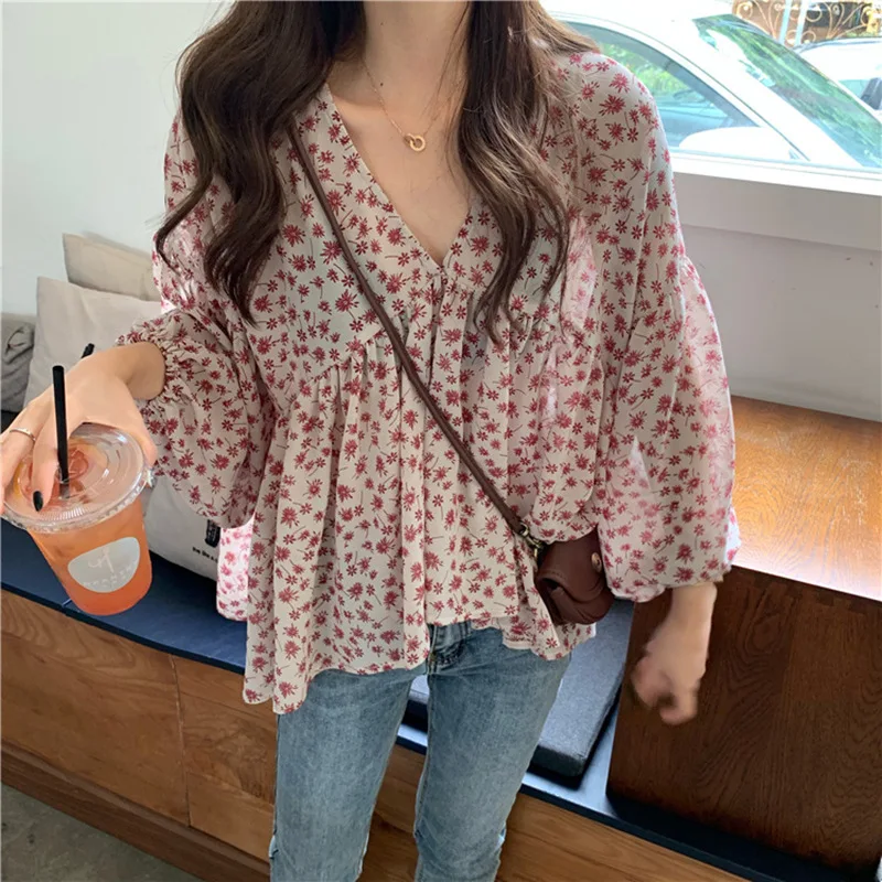 V-neck Chiffon Shirt Women Sweet Tops Blouse 2025 Spring Korean Floral Print Long Sleeve Casual Loose Slim Lady Clothes New 9307 3