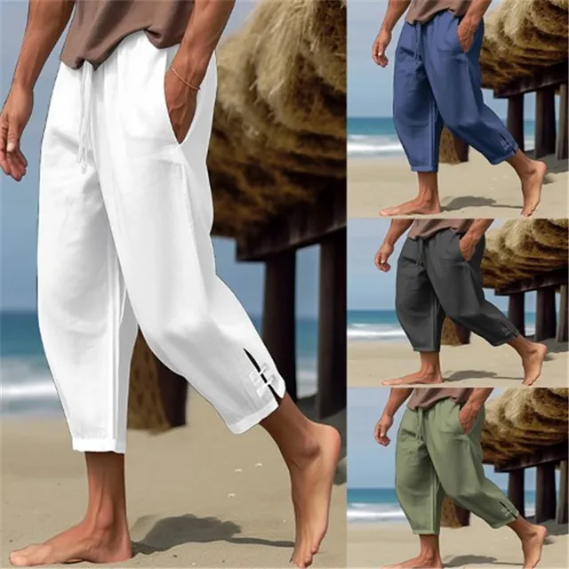 Pantalon en lin élégant pour homme 2026 avec boucle de manchette, blanc uni, longueur cheville, grande taille, décontracté, avec cordon de serrage 1