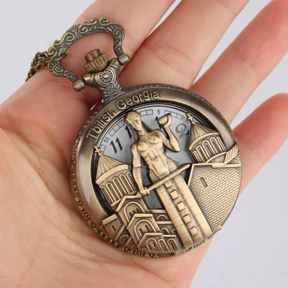 Tbilisi Georgia Bronze Fob Chain Quartz Pocket Watch Men