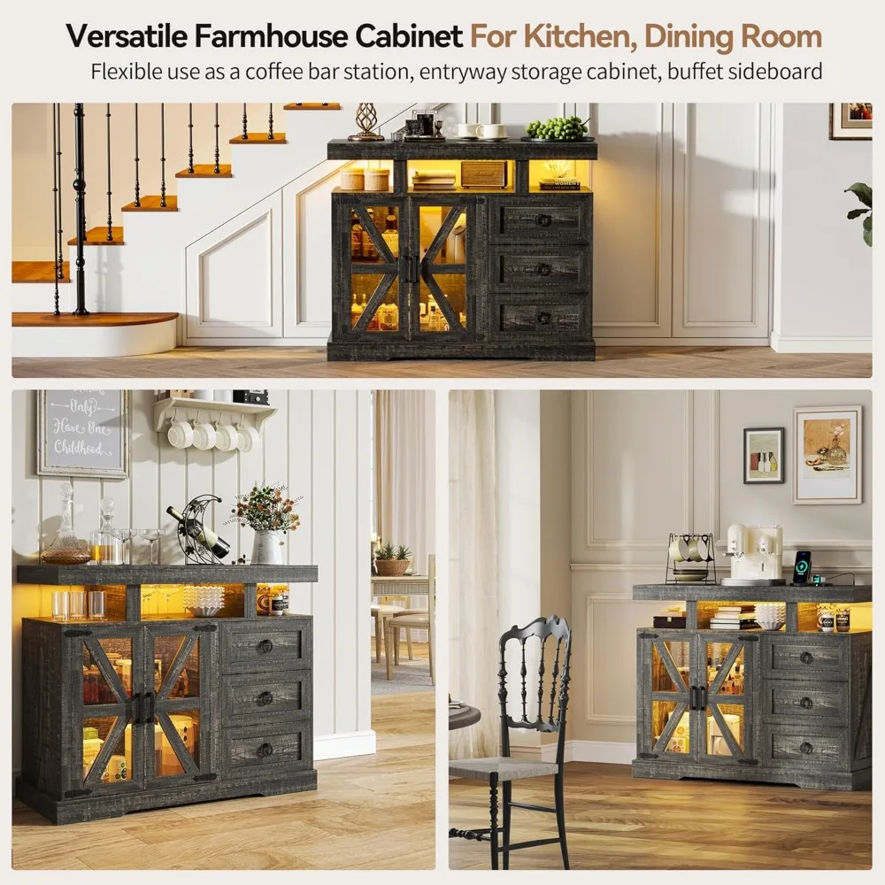 LED Farmhouse Sideboard Buffet Cabinet with Storage, Wood Coffee Bar Station Table w/Charging Station, Large Kitchen Stora 4